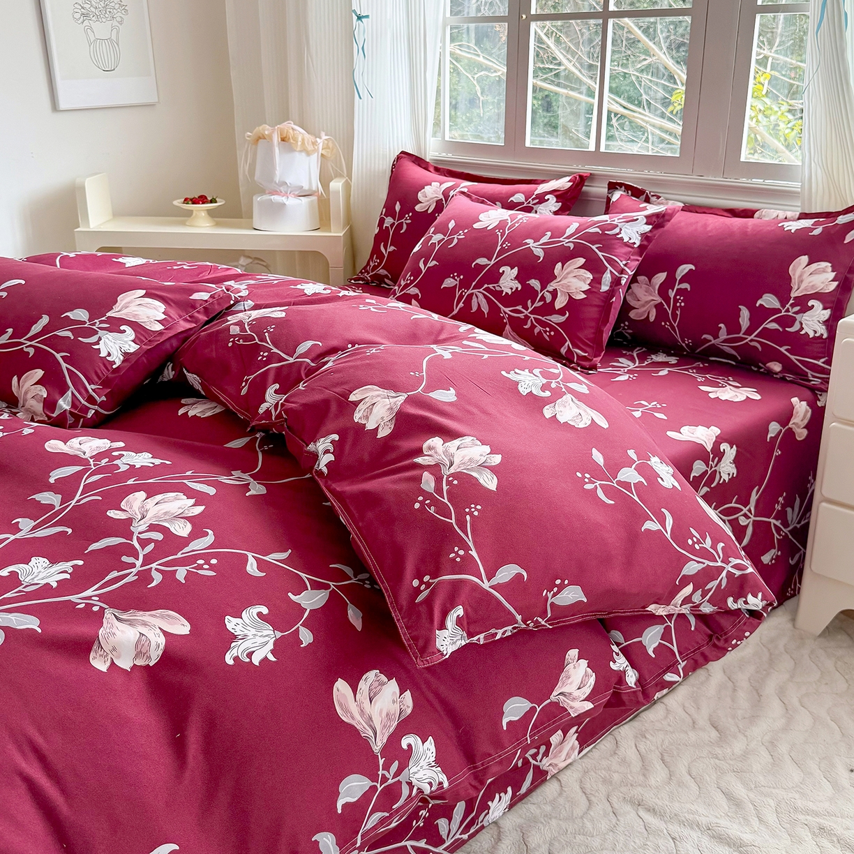 91家纺网 家纺一手货源 找家纺 梵巢家纺 芦荟棉三四件套，床单，被套，枕套化纤四件套 酒红玉枝