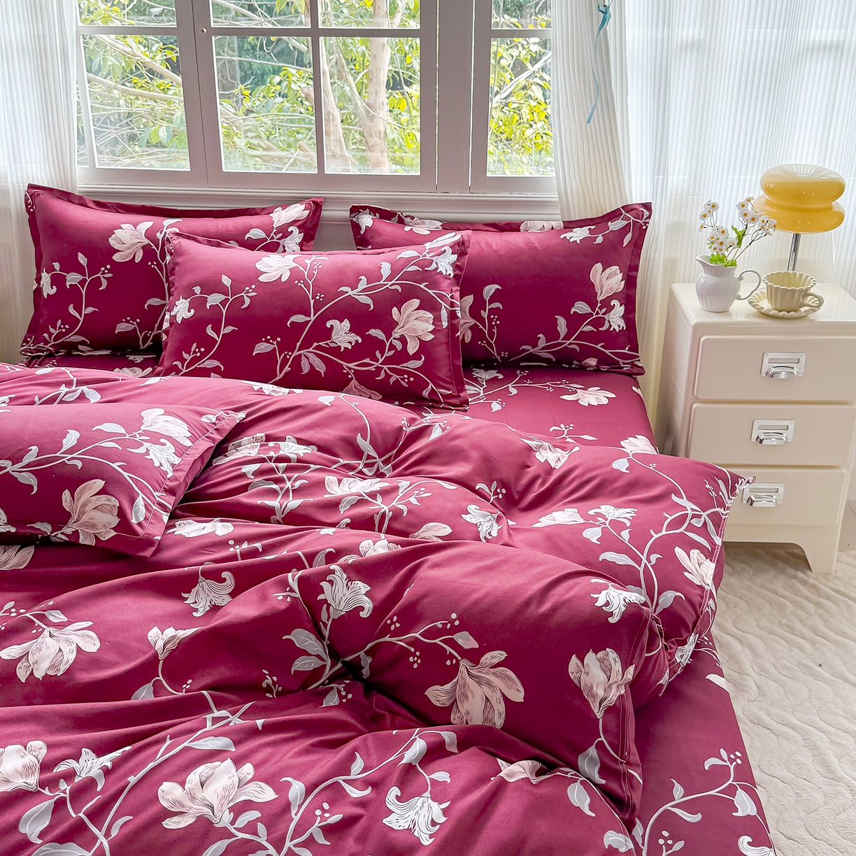 91家纺网 家纺一手货源 找家纺 梵巢家纺 芦荟棉三四件套，床单，被套，枕套化纤四件套 酒红玉枝