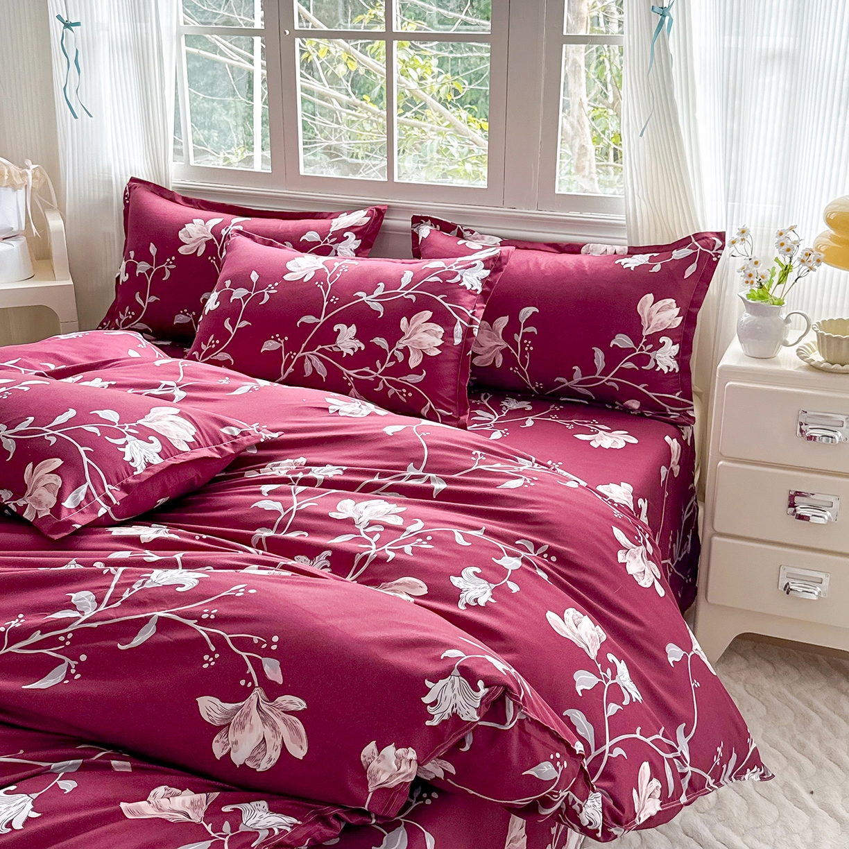 91家纺网 家纺一手货源 找家纺 梵巢家纺 芦荟棉三四件套，床单，被套，枕套化纤四件套 酒红玉枝