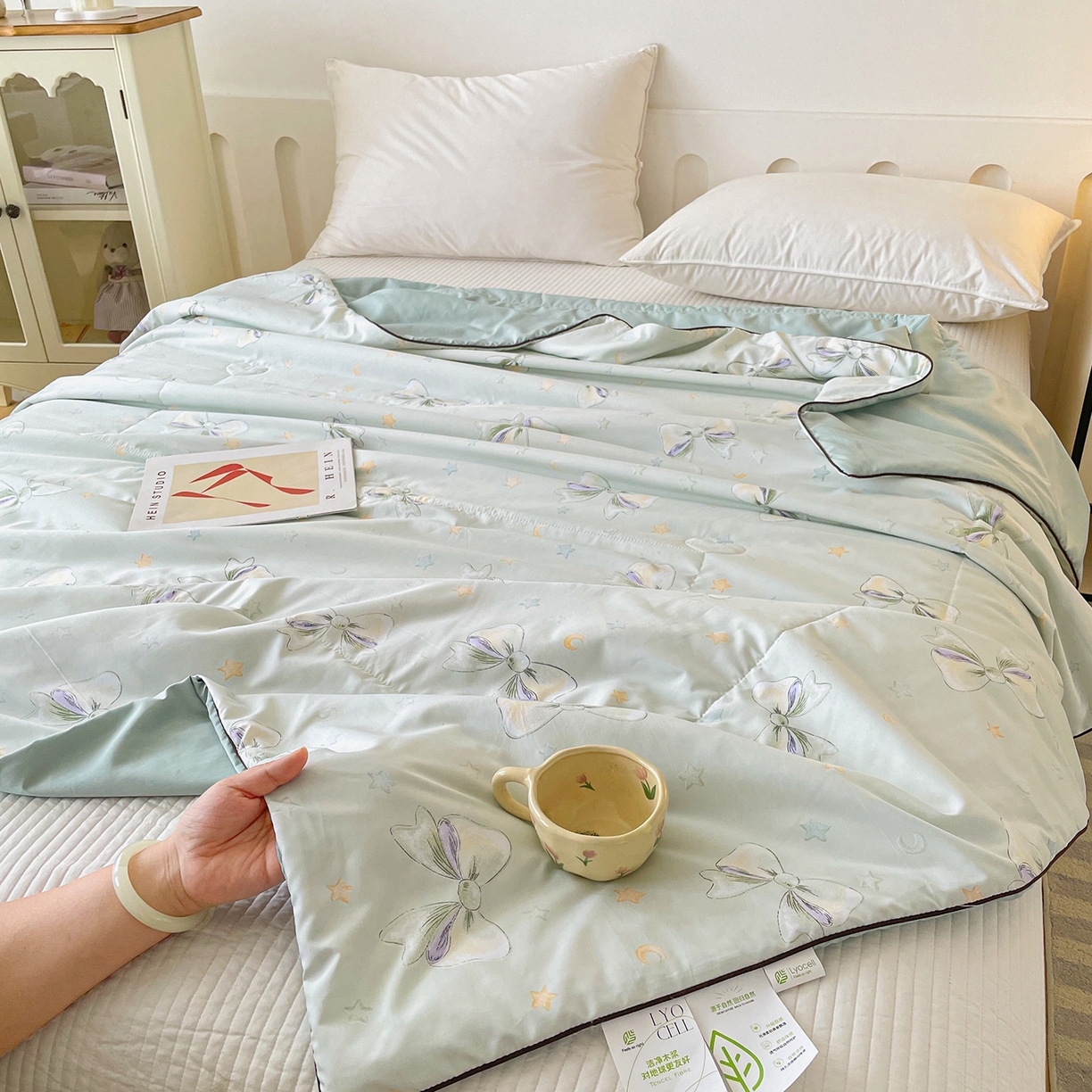 91家纺网 家纺一手货源 找家纺 宜梦家居 2026新款A类凉感天丝夏被夏凉被空调被 青柠蝴蝶结