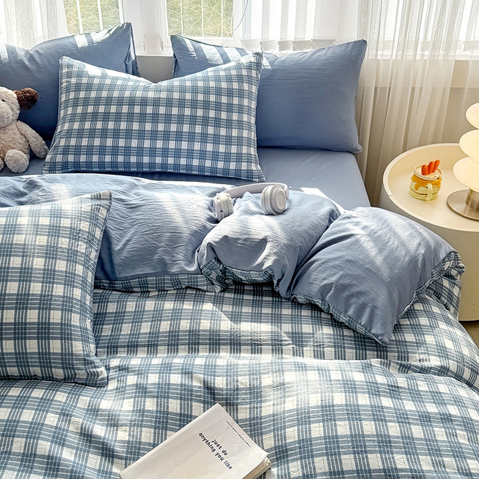 网客家纺 2026新款软糯云朵棉水洗棉四件套 小蓝格