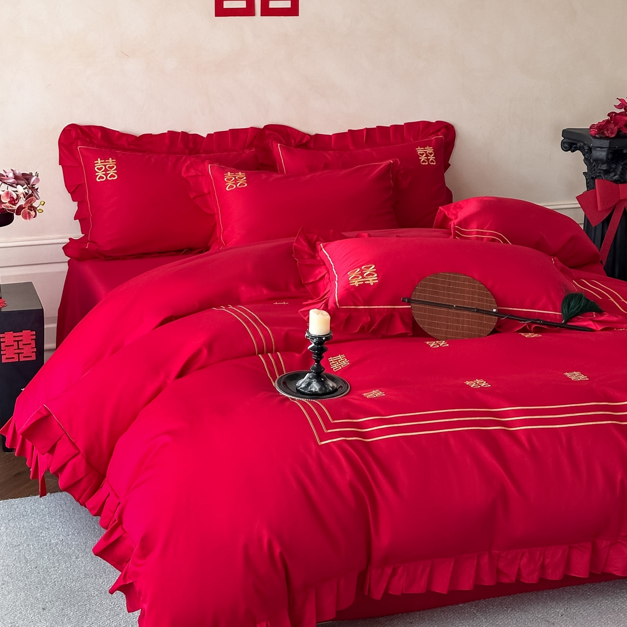 91家纺网 家纺一手货源 找家纺 （总）欧乐蒂 2026新款亲肤婚庆刺绣四件套系列新婚快乐