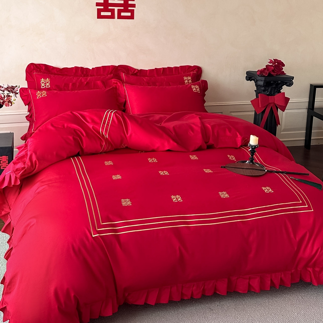 91家纺网 家纺一手货源 找家纺 （总）欧乐蒂 2026新款亲肤婚庆刺绣四件套系列新婚快乐