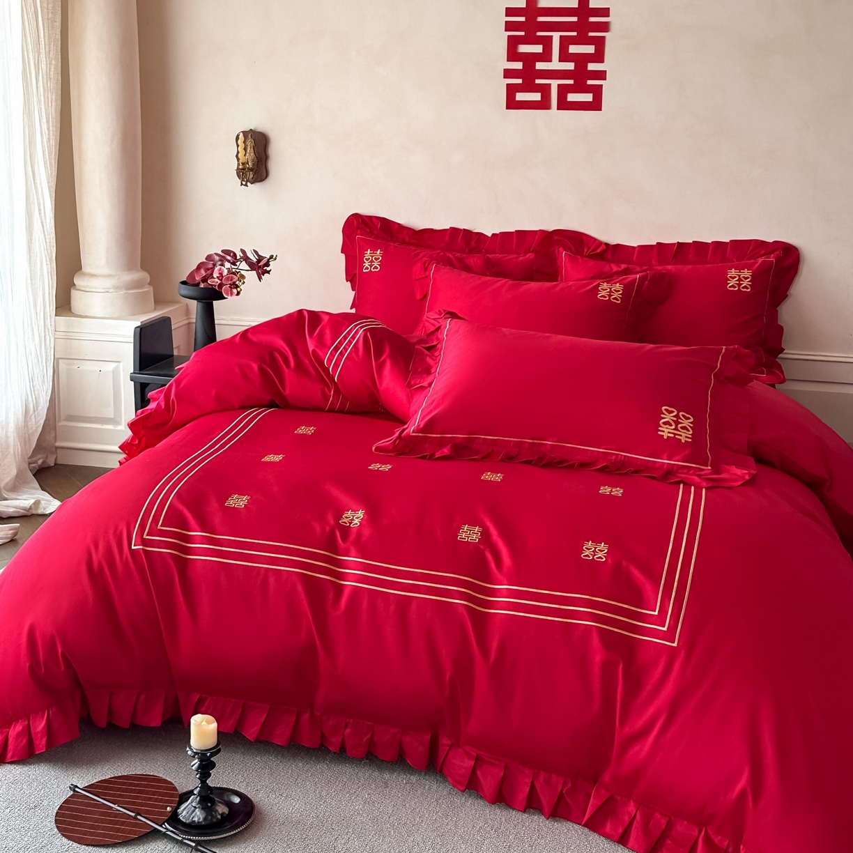 91家纺网 家纺一手货源 找家纺 （总）欧乐蒂 2026新款亲肤婚庆刺绣四件套系列新婚快乐