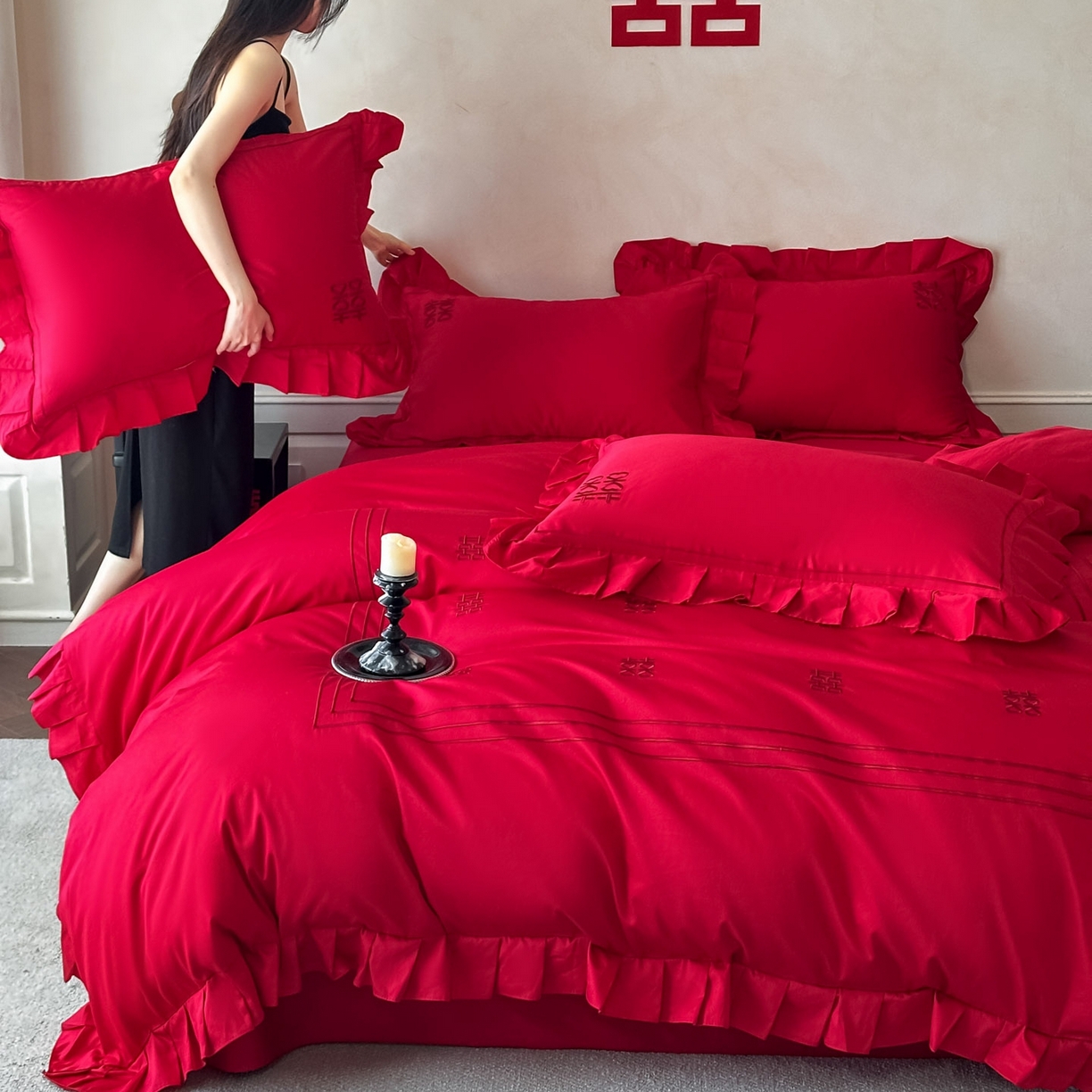 91家纺网 家纺一手货源 找家纺 欧乐蒂 2026新款亲肤婚庆刺绣四件套系列新婚快乐 新婚快乐-喜红