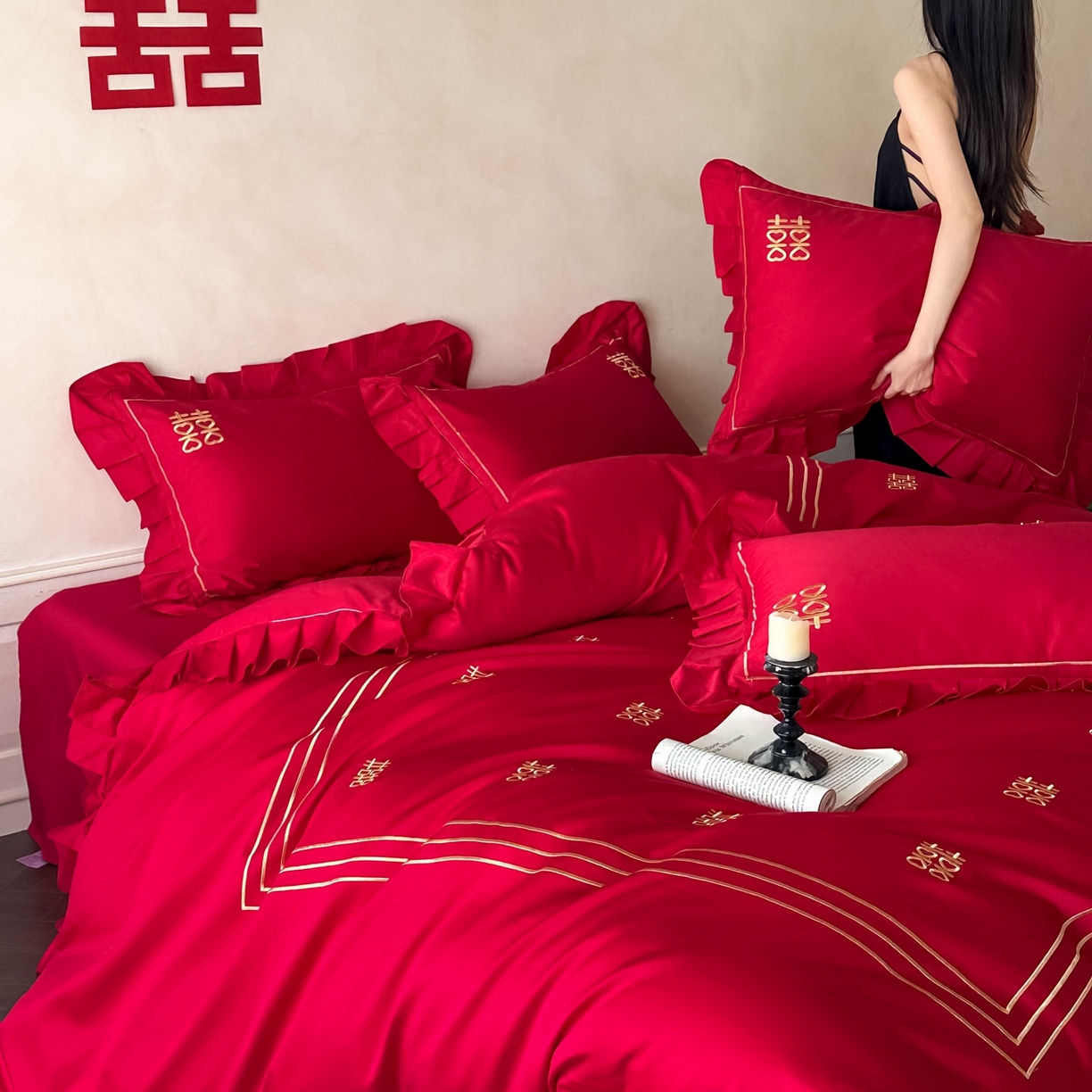 91家纺网 家纺一手货源 找家纺 欧乐蒂 2026新款亲肤婚庆刺绣四件套系列新婚快乐 新婚快乐-金