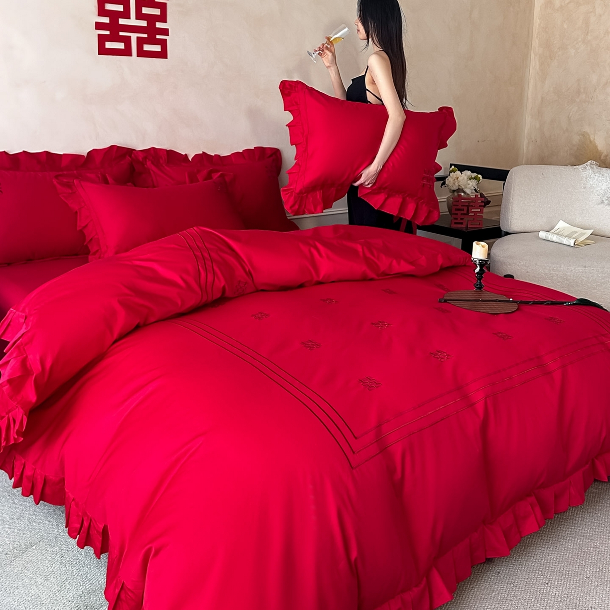 91家纺网 家纺一手货源 找家纺 欧乐蒂 2026新款亲肤婚庆刺绣四件套系列新婚快乐 新婚快乐-喜红