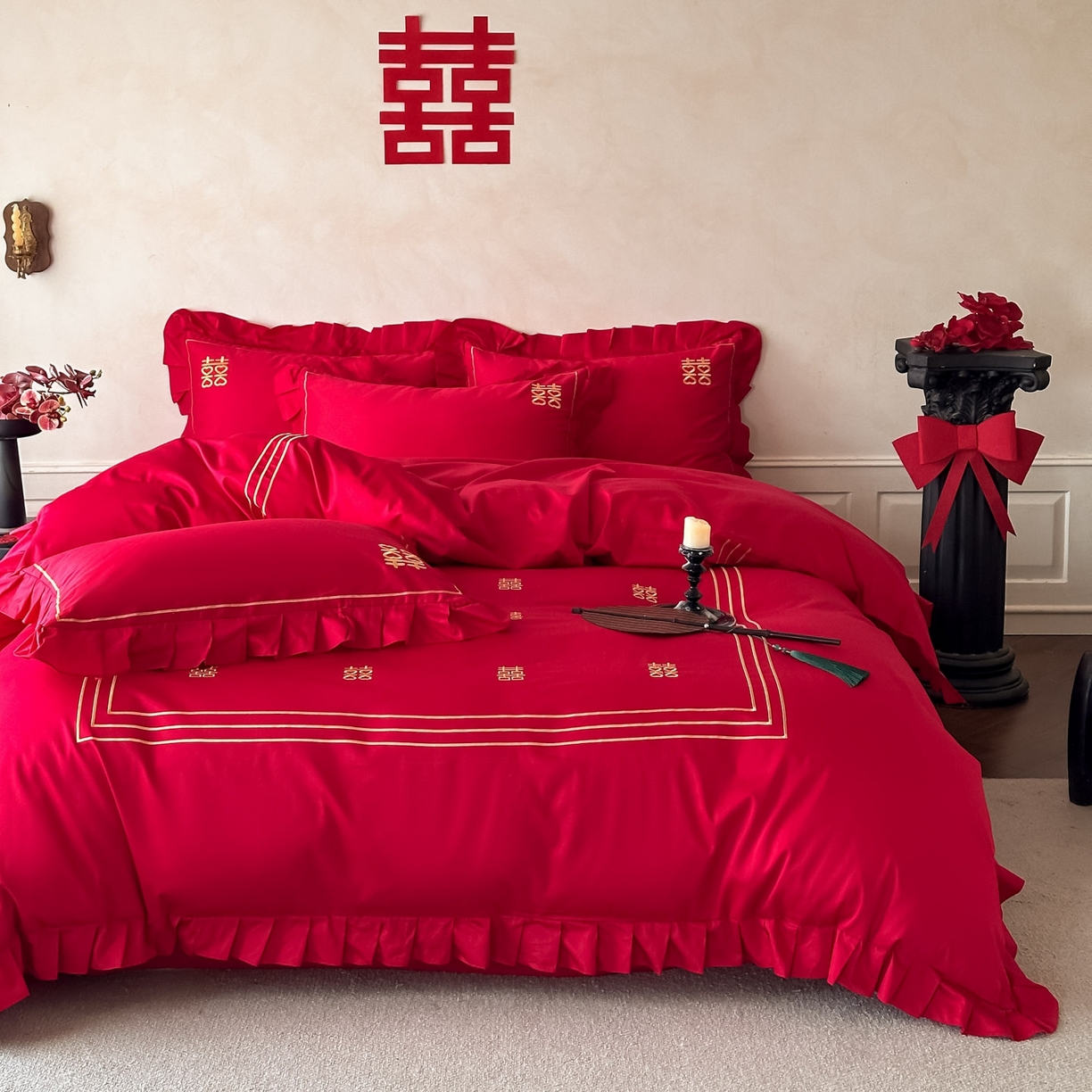 91家纺网 家纺一手货源 找家纺 欧乐蒂 2026新款亲肤婚庆刺绣四件套系列新婚快乐 新婚快乐-金