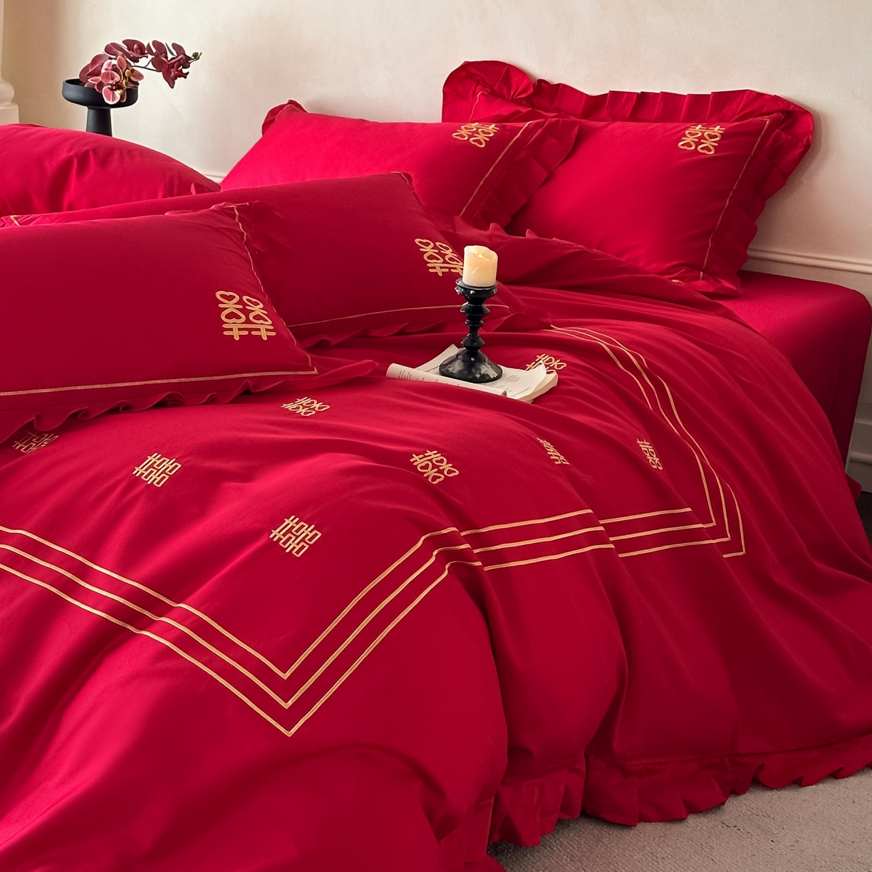 91家纺网 家纺一手货源 找家纺 欧乐蒂 2026新款亲肤婚庆刺绣四件套系列新婚快乐 新婚快乐-金