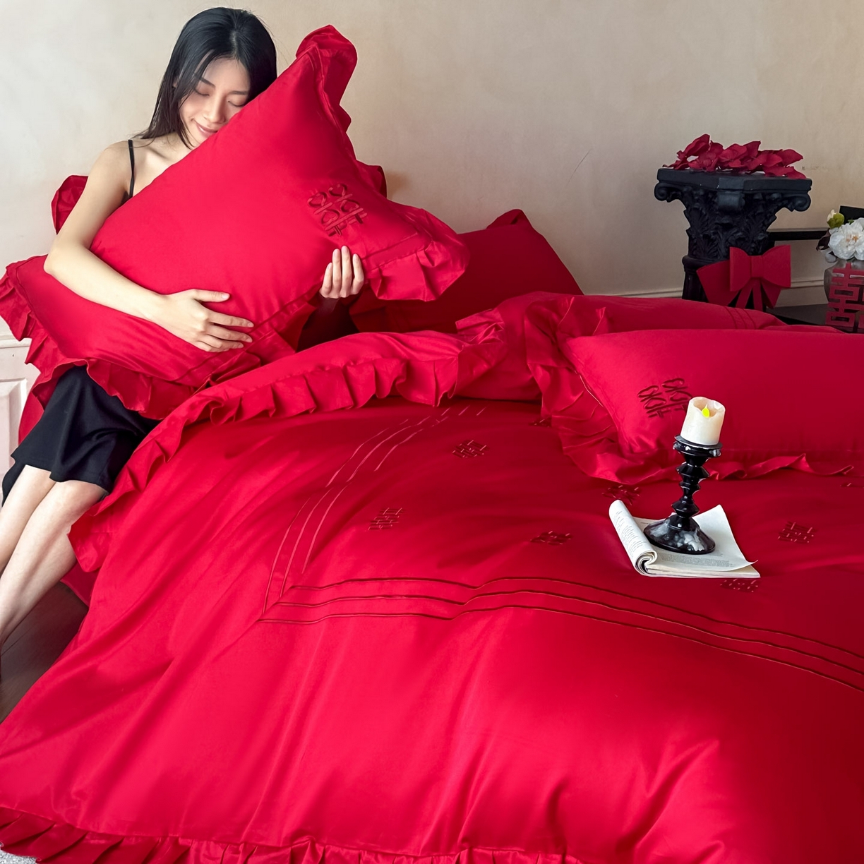 91家纺网 家纺一手货源 找家纺 欧乐蒂 2026新款亲肤婚庆刺绣四件套系列新婚快乐 新婚快乐-喜红