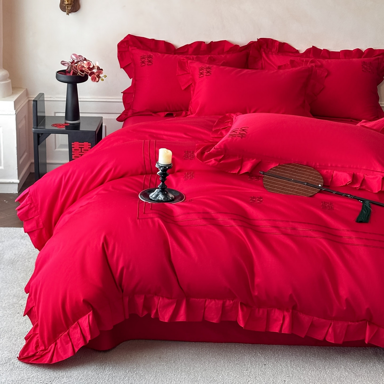 91家纺网 家纺一手货源 找家纺 欧乐蒂 2026新款亲肤婚庆刺绣四件套系列新婚快乐 新婚快乐-喜红