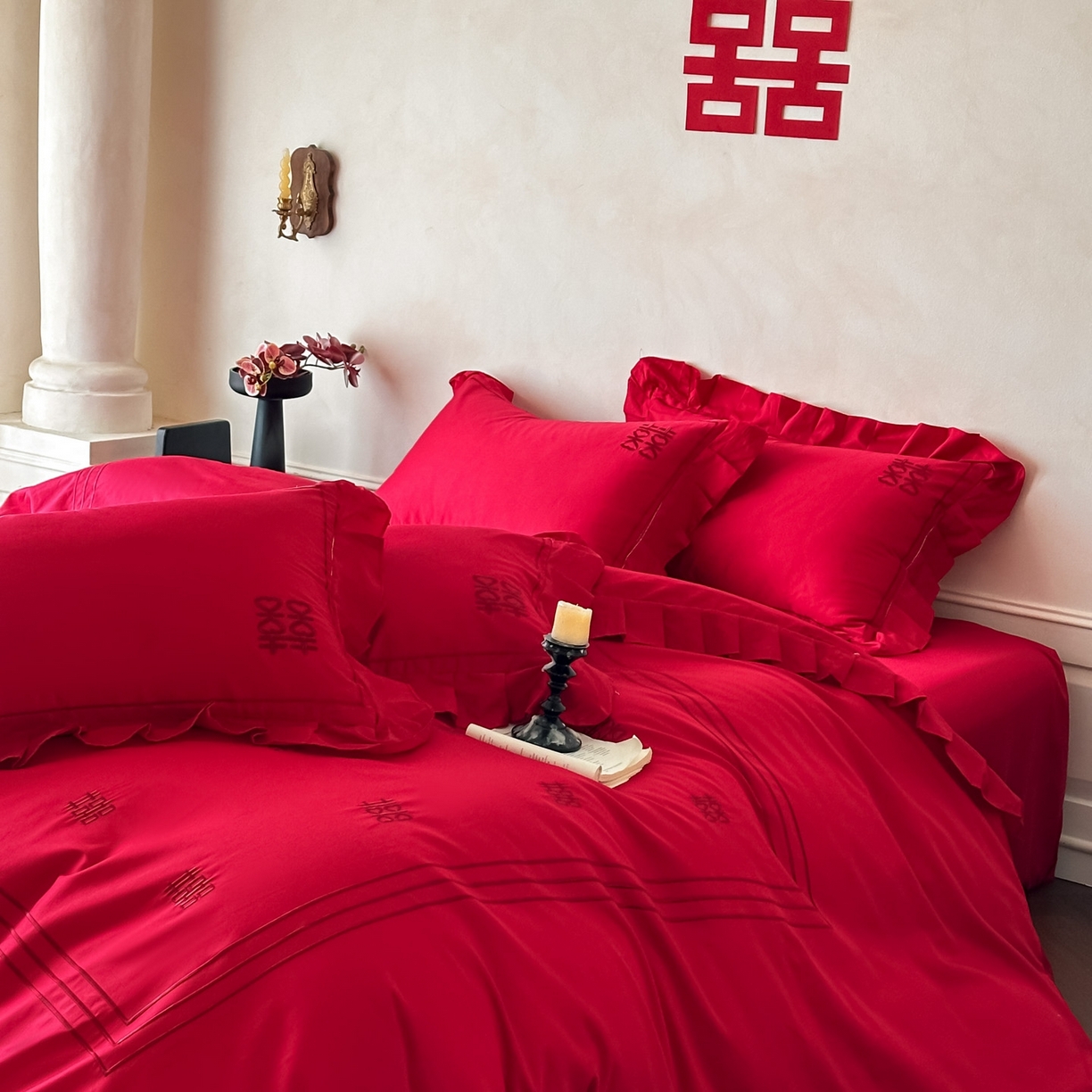 91家纺网 家纺一手货源 找家纺 欧乐蒂 2026新款亲肤婚庆刺绣四件套系列新婚快乐 新婚快乐-喜红