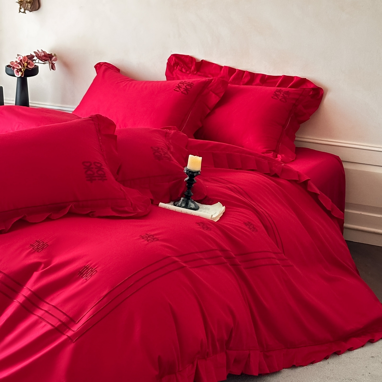 91家纺网 家纺一手货源 找家纺 欧乐蒂 2026新款亲肤婚庆刺绣四件套系列新婚快乐 新婚快乐-喜红