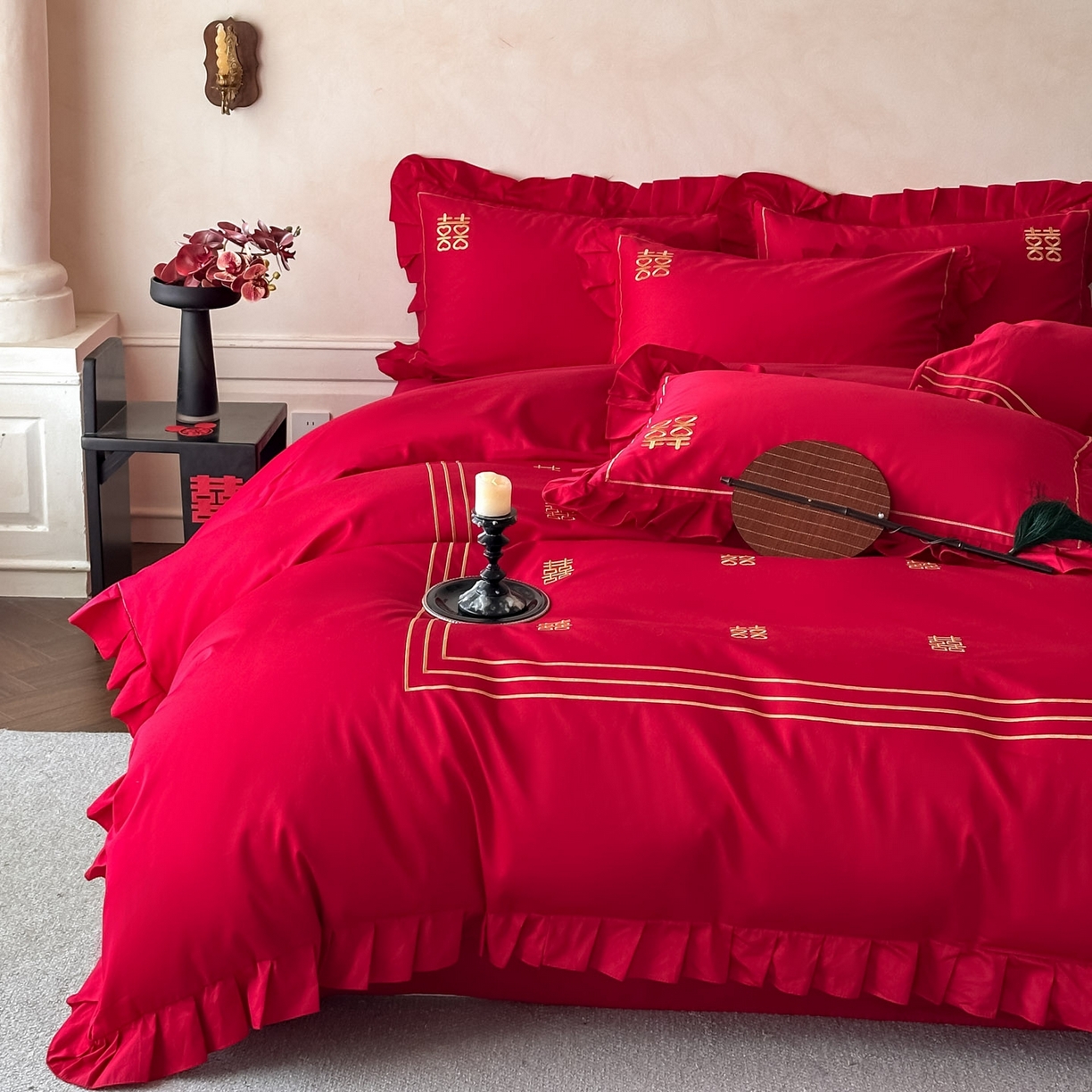 91家纺网 家纺一手货源 找家纺 欧乐蒂 2026新款亲肤婚庆刺绣四件套系列新婚快乐 新婚快乐-金