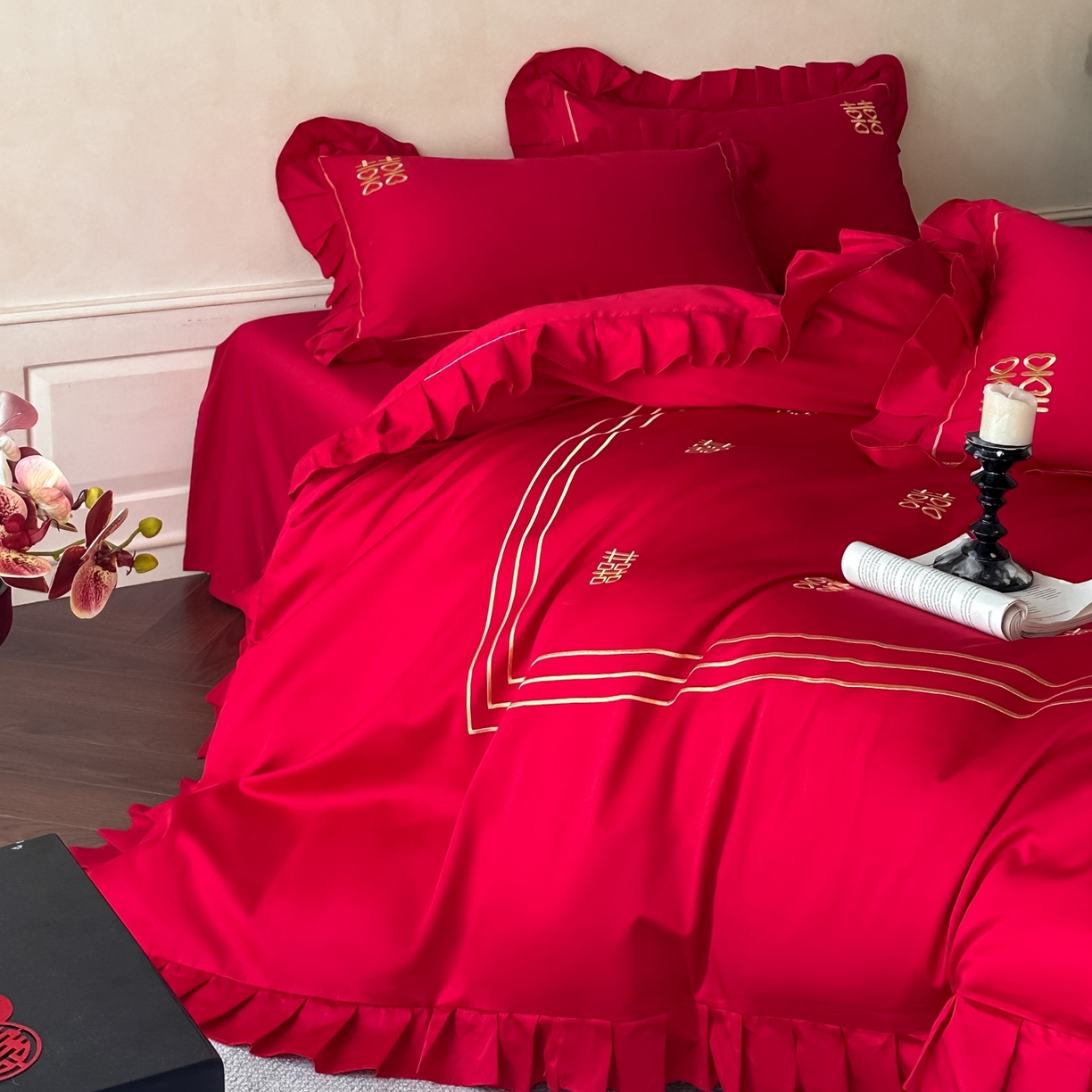 91家纺网 家纺一手货源 找家纺 欧乐蒂 2026新款亲肤婚庆刺绣四件套系列新婚快乐 新婚快乐-金