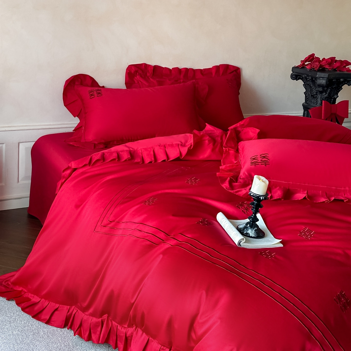 91家纺网 家纺一手货源 找家纺 欧乐蒂 2026新款亲肤婚庆刺绣四件套系列新婚快乐 新婚快乐-喜红