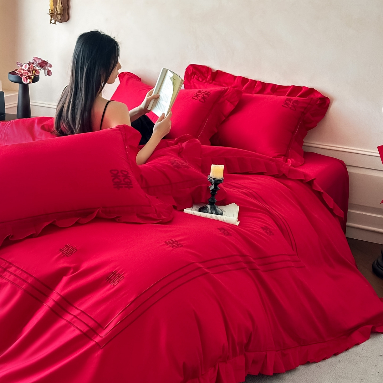 91家纺网 家纺一手货源 找家纺 欧乐蒂 2026新款亲肤婚庆刺绣四件套系列新婚快乐 新婚快乐-喜红