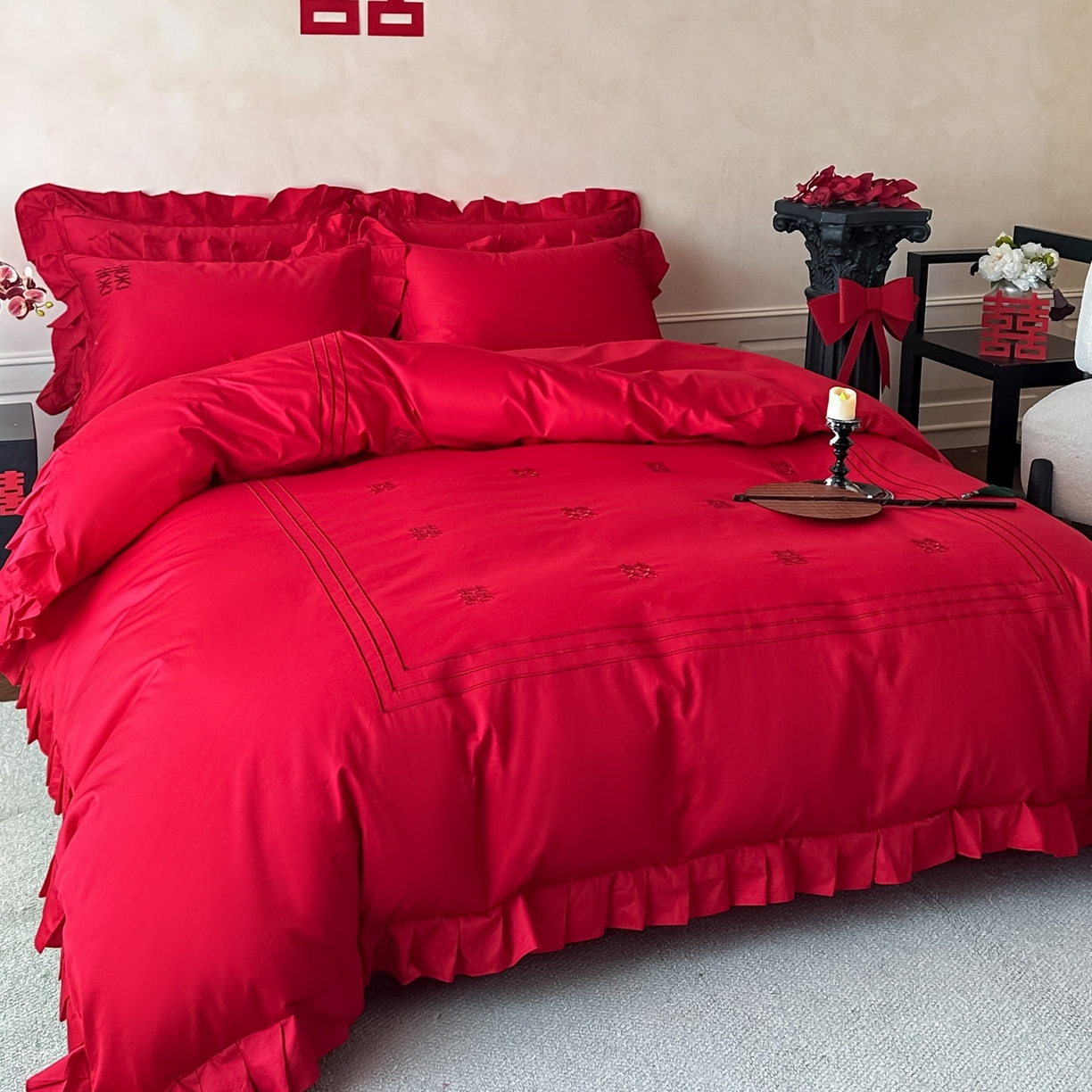 91家纺网 家纺一手货源 找家纺 欧乐蒂 2026新款亲肤婚庆刺绣四件套系列新婚快乐 新婚快乐-喜红