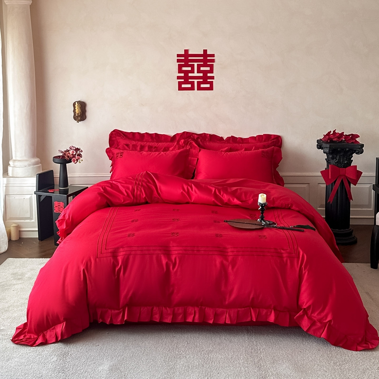 91家纺网 家纺一手货源 找家纺 欧乐蒂 2026新款亲肤婚庆刺绣四件套系列新婚快乐 新婚快乐-喜红