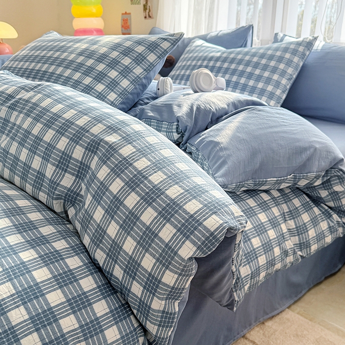 91家纺网 家纺一手货源 找家纺 网客家纺 2026新款软糯云朵棉水洗棉四件套 小蓝格