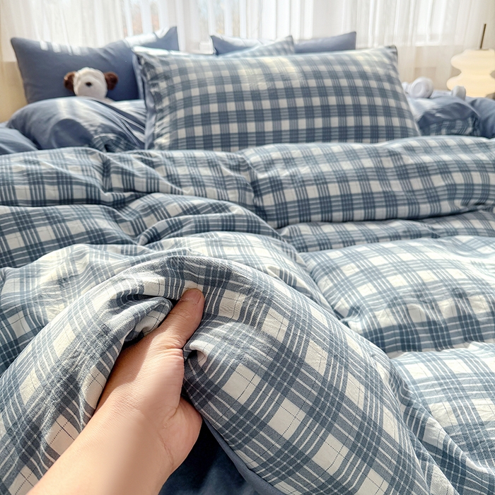 91家纺网 家纺一手货源 找家纺 网客家纺 2026新款软糯云朵棉水洗棉四件套 小蓝格