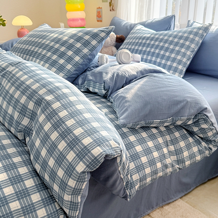 91家纺网 家纺一手货源 找家纺 网客家纺 2026新款软糯云朵棉水洗棉四件套 小蓝格