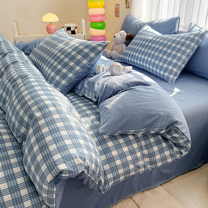 91家纺网 家纺一手货源 找家纺 网客家纺 2026新款软糯云朵棉水洗棉四件套 小蓝格