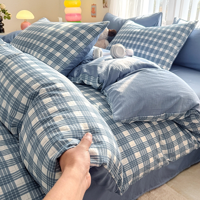 91家纺网 家纺一手货源 找家纺 网客家纺 2026新款软糯云朵棉水洗棉四件套 小蓝格