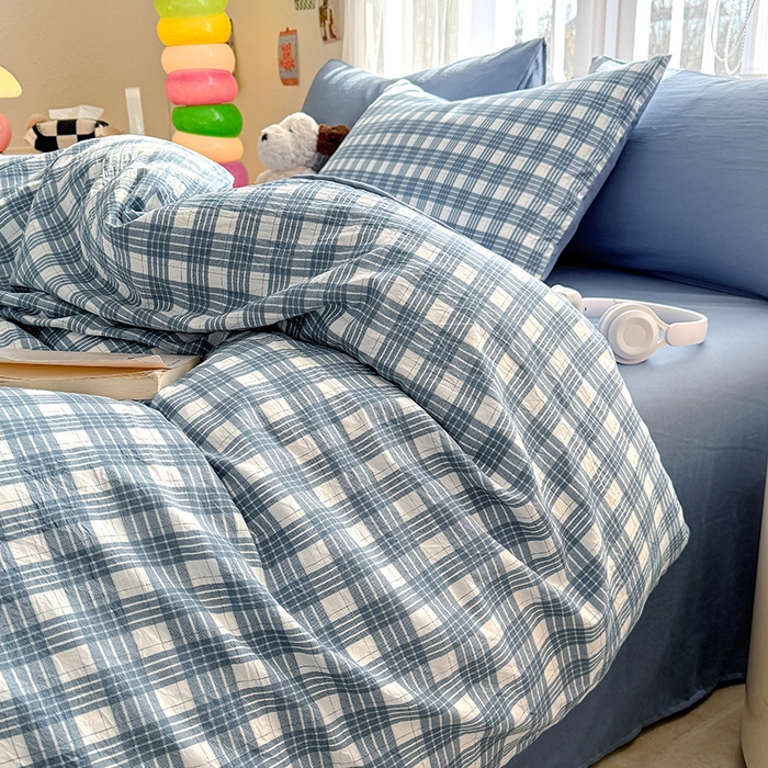 91家纺网 家纺一手货源 找家纺 网客家纺 2026新款软糯云朵棉水洗棉四件套 小蓝格