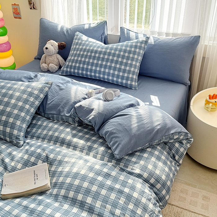 91家纺网 家纺一手货源 找家纺 网客家纺 2026新款软糯云朵棉水洗棉四件套 小蓝格