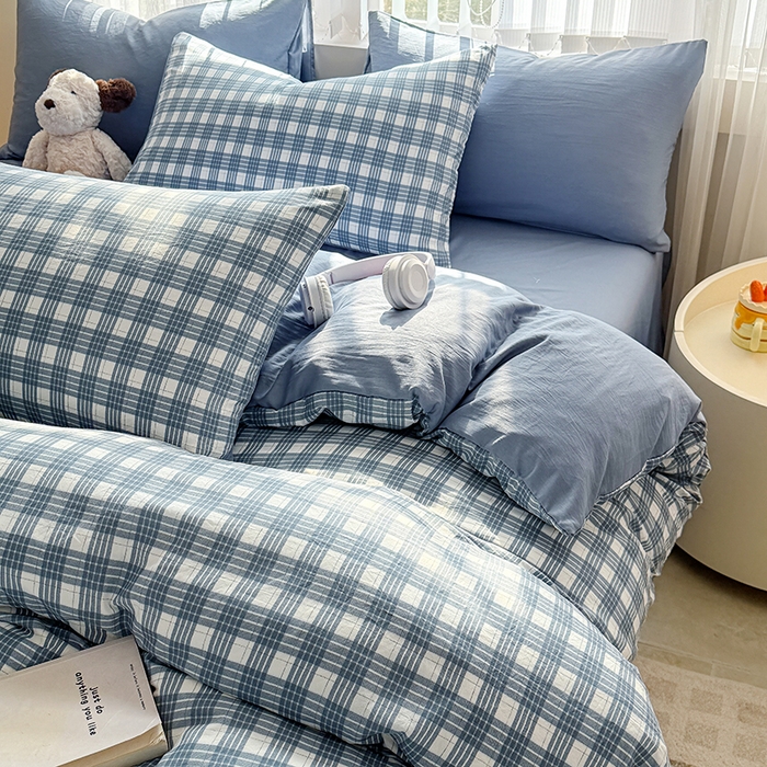 91家纺网 家纺一手货源 找家纺 网客家纺 2026新款软糯云朵棉水洗棉四件套 小蓝格