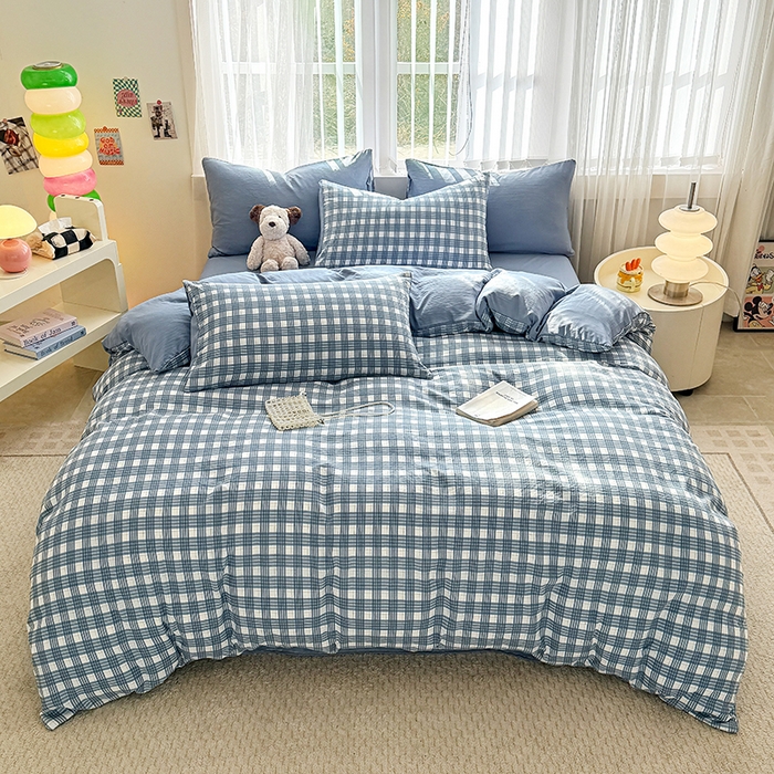 91家纺网 家纺一手货源 找家纺 网客家纺 2026新款软糯云朵棉水洗棉四件套 小蓝格