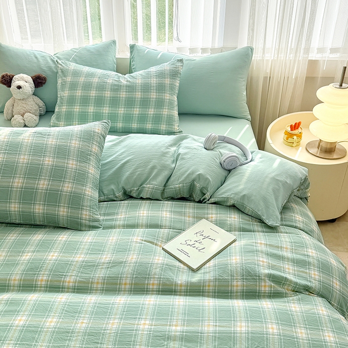 网客家纺 2026新款软糯云朵棉水洗棉四件套 小绿格