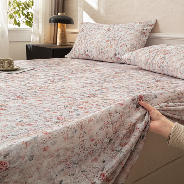 91家纺网 家纺一手货源 找家纺 爱彼家纺 2026新款纯棉提花A类新款老粗布夏季凉席单床单床单三件套-提花系列一 全棉提花-011花格柔粉