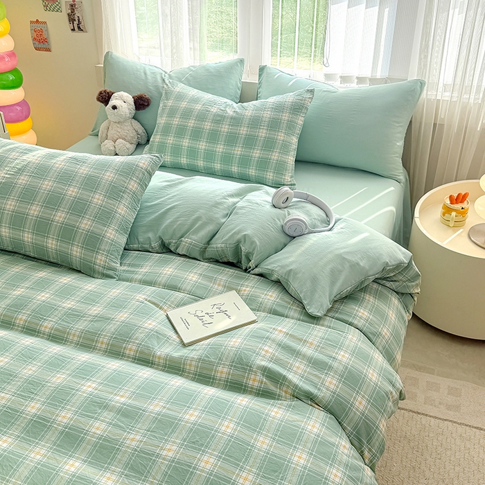 91家纺网 家纺一手货源 找家纺 网客家纺 2026新款软糯云朵棉水洗棉四件套 小绿格