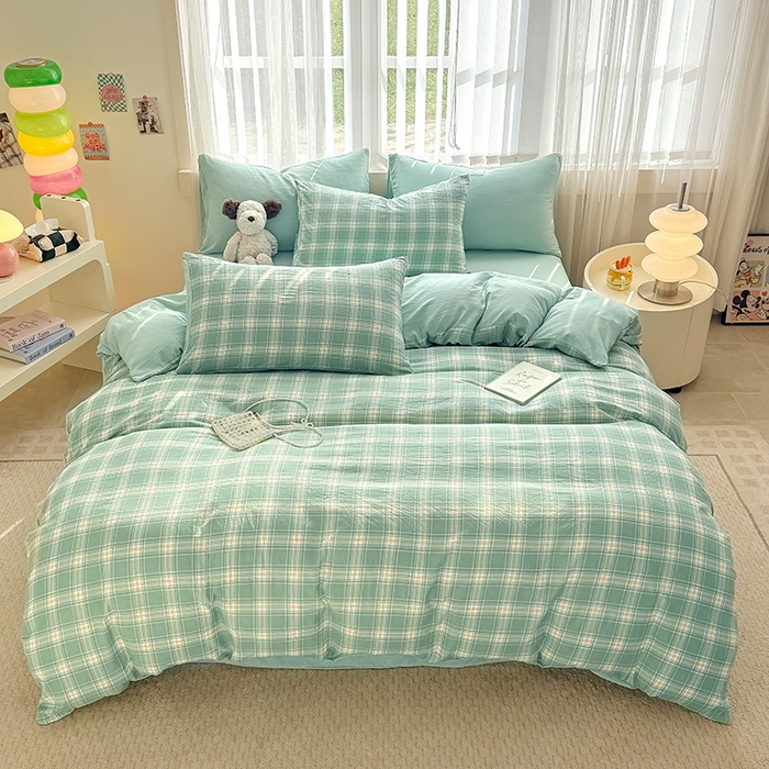 91家纺网 家纺一手货源 找家纺 网客家纺 2026新款软糯云朵棉水洗棉四件套 小绿格