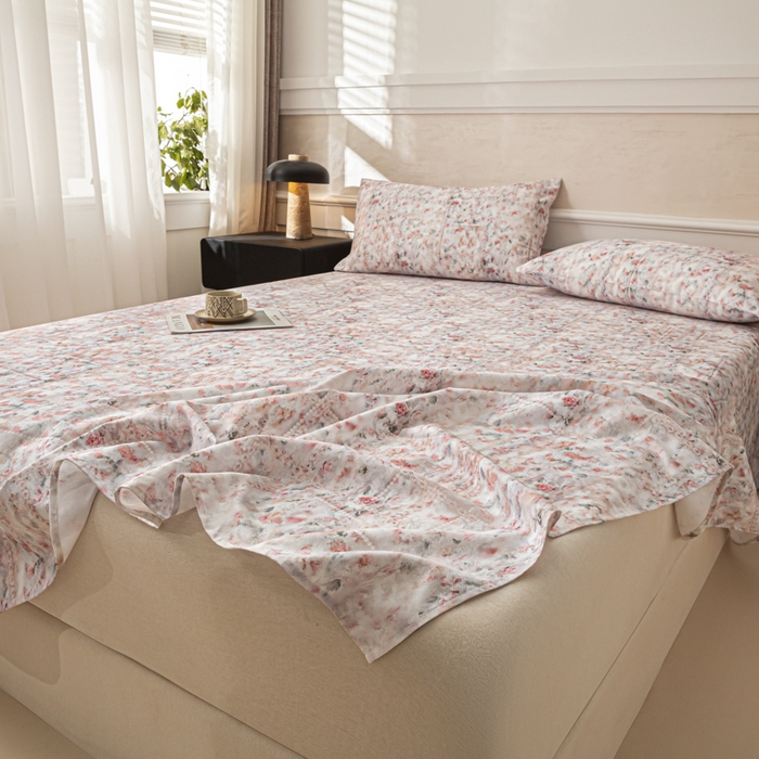 91家纺网 家纺一手货源 找家纺 爱彼家纺 2026新款纯棉提花A类新款老粗布夏季凉席单床单床单三件套-提花系列一 全棉提花-011花格柔粉