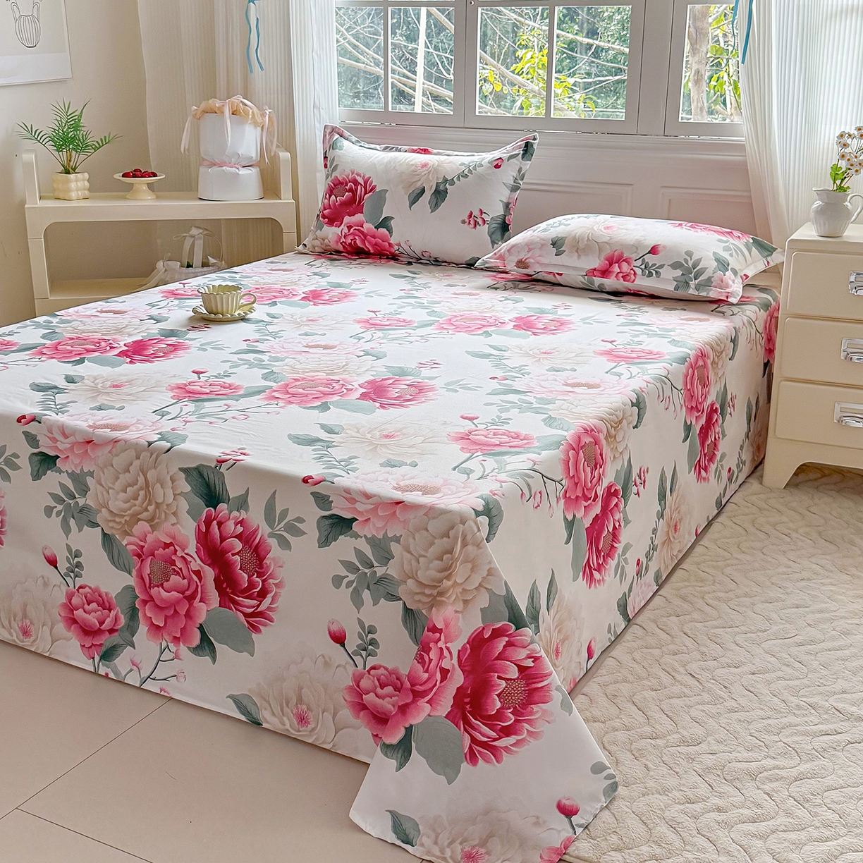 91家纺网 家纺一手货源 找家纺 梵巢家纺 2026新款加厚芦荟棉床单磨毛化纤床单 花开富贵