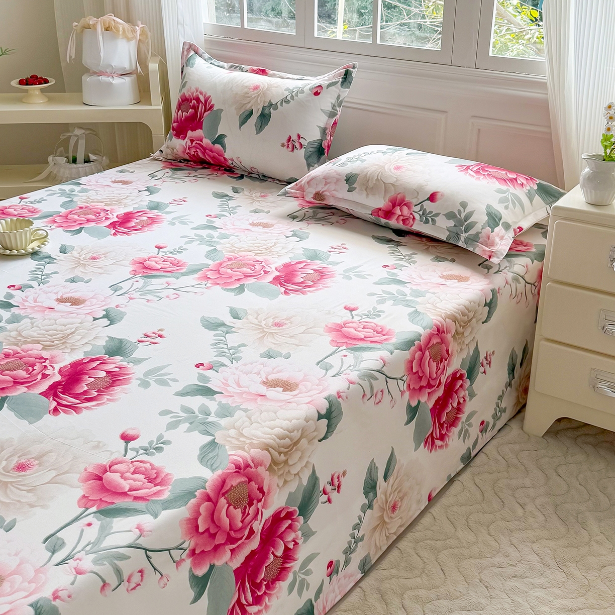 91家纺网 家纺一手货源 找家纺 梵巢家纺 2026新款加厚芦荟棉床单磨毛化纤床单 花开富贵