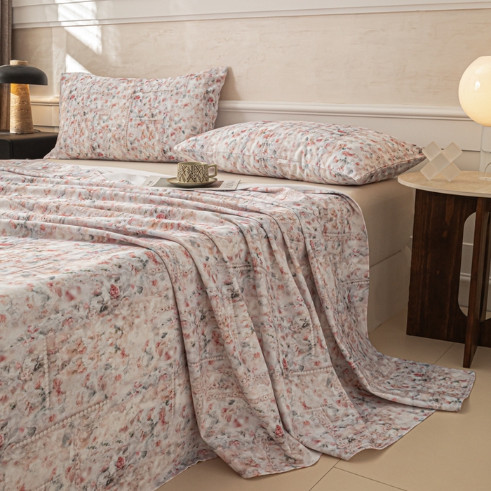 91家纺网 家纺一手货源 找家纺 爱彼家纺 2026新款纯棉提花A类新款老粗布夏季凉席单床单床单三件套-提花系列一 全棉提花-011花格柔粉