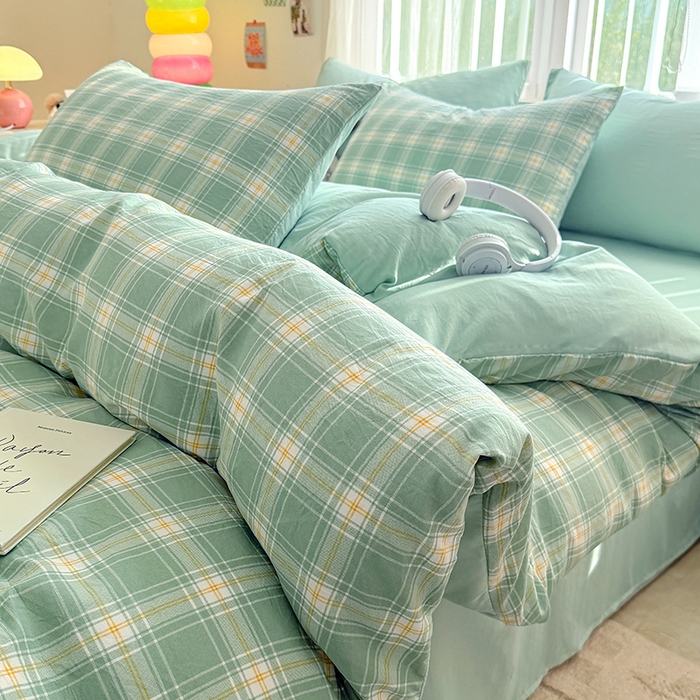 91家纺网 家纺一手货源 找家纺 网客家纺 2026新款软糯云朵棉水洗棉四件套 小绿格