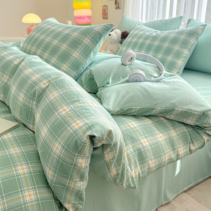 91家纺网 家纺一手货源 找家纺 网客家纺 2026新款软糯云朵棉水洗棉四件套 小绿格