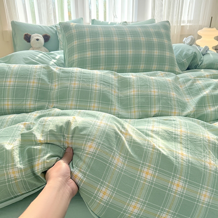 91家纺网 家纺一手货源 找家纺 网客家纺 2026新款软糯云朵棉水洗棉四件套 小绿格