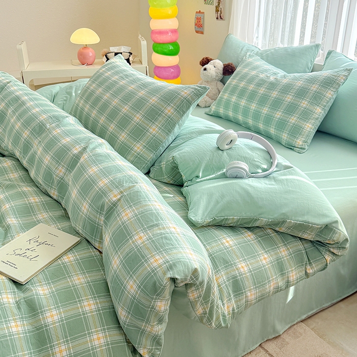 91家纺网 家纺一手货源 找家纺 网客家纺 2026新款软糯云朵棉水洗棉四件套 小绿格