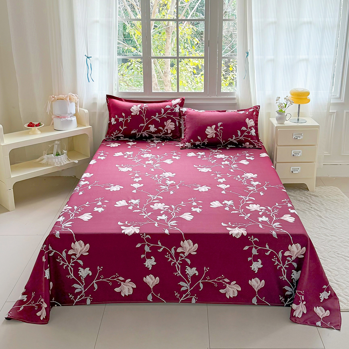 91家纺网 家纺一手货源 找家纺 梵巢家纺 2026新款加厚芦荟棉床单磨毛化纤床单 酒红玉枝