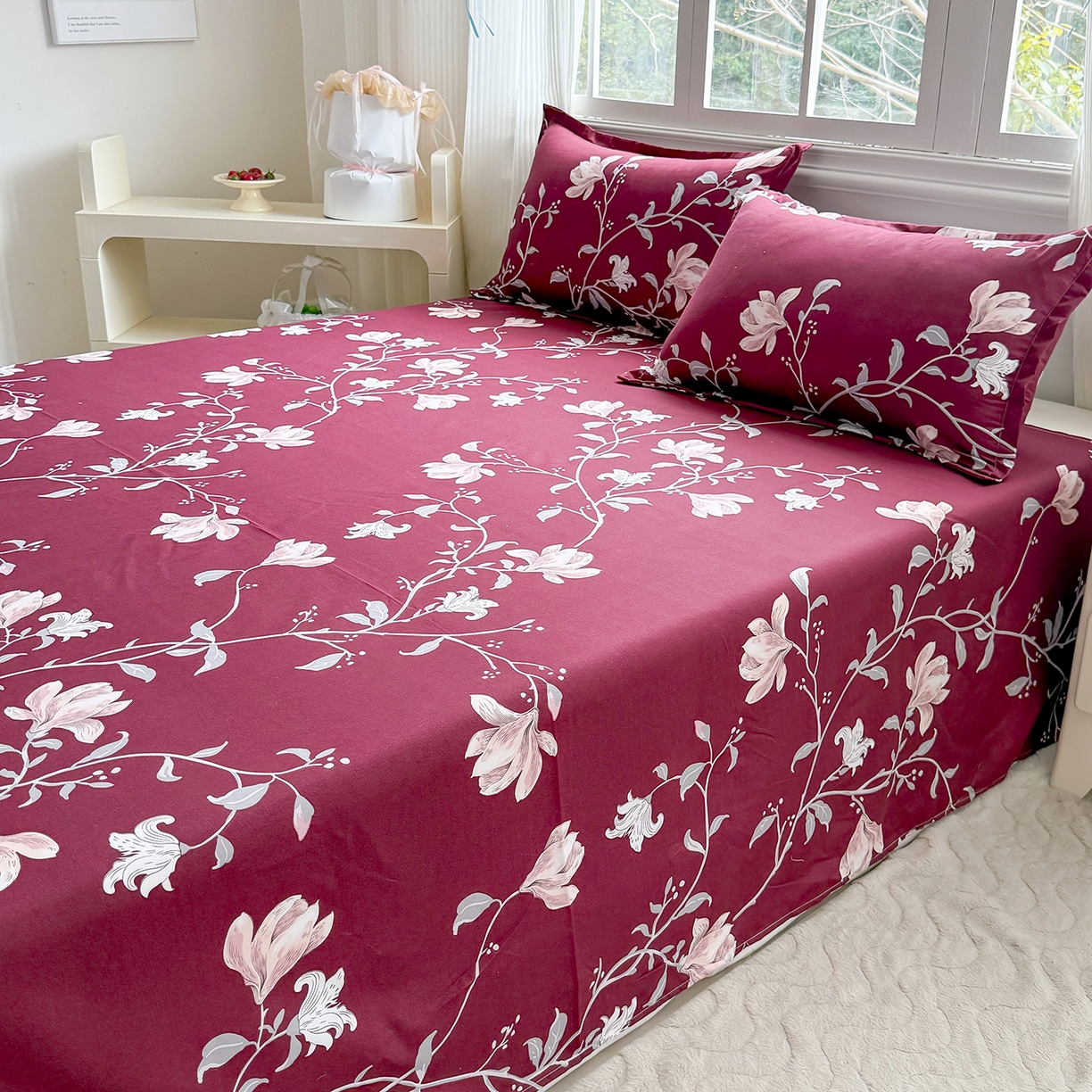 91家纺网 家纺一手货源 找家纺 梵巢家纺 2026新款加厚芦荟棉床单磨毛化纤床单 酒红玉枝