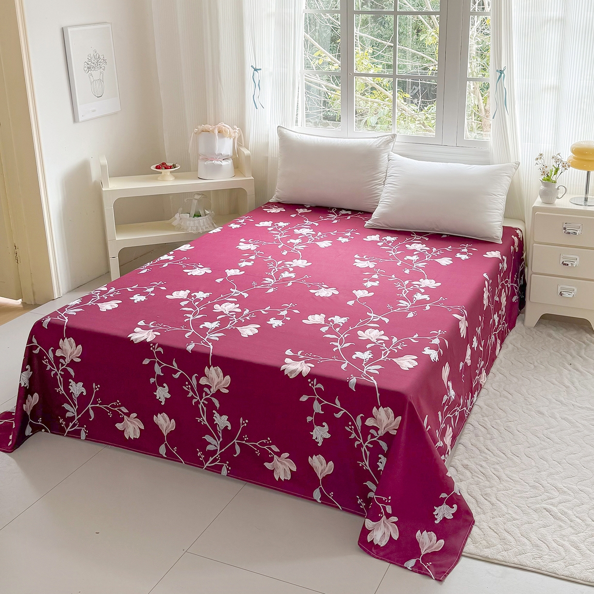 91家纺网 家纺一手货源 找家纺 梵巢家纺 2026新款加厚芦荟棉床单磨毛化纤床单 酒红玉枝