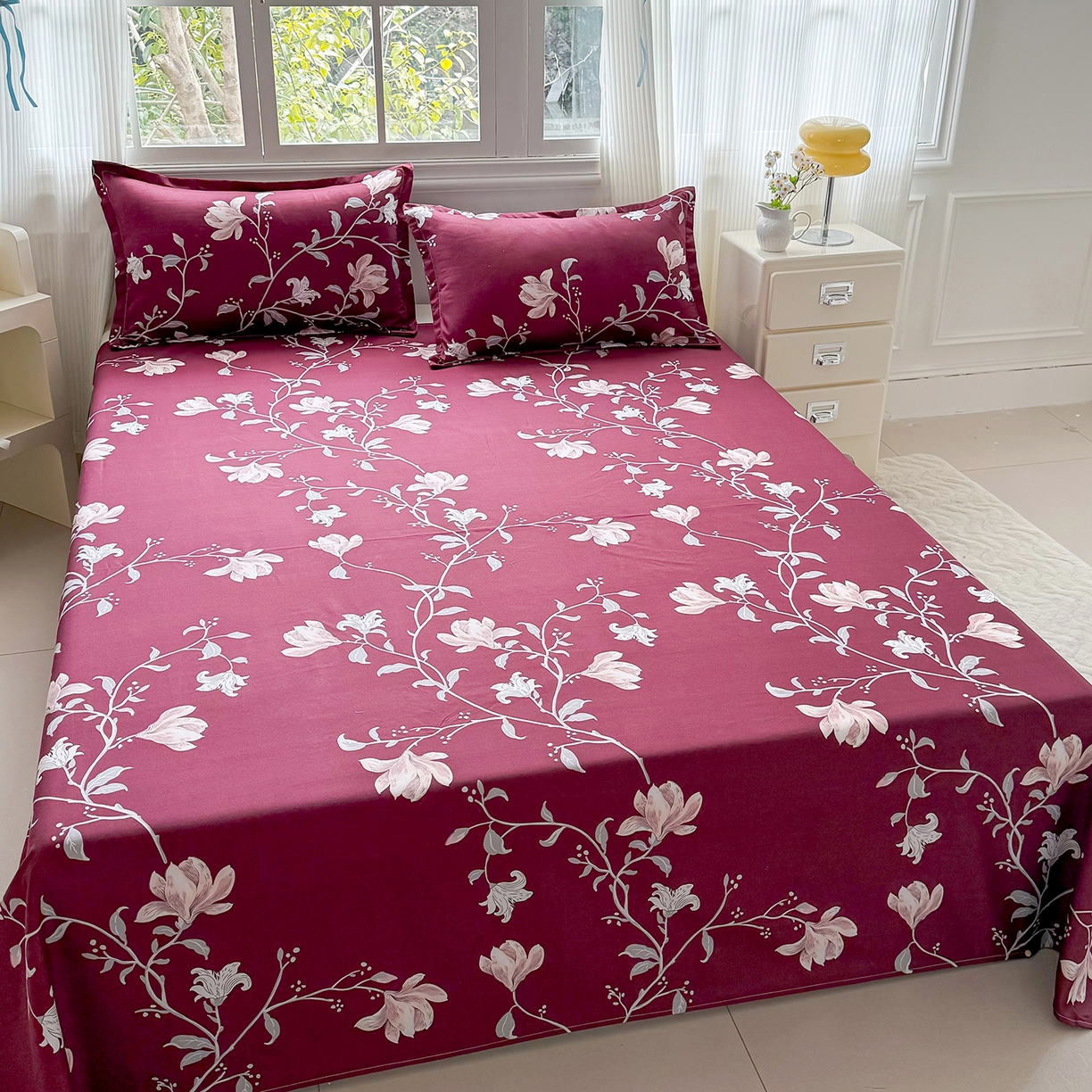 91家纺网 家纺一手货源 找家纺 梵巢家纺 2026新款加厚芦荟棉床单磨毛化纤床单 酒红玉枝