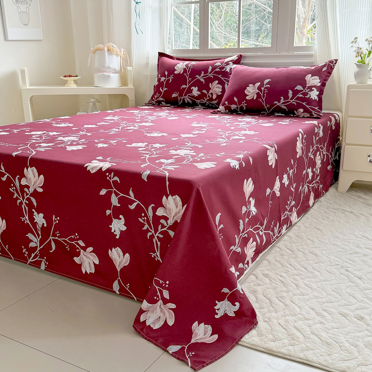 91家纺网 家纺一手货源 找家纺 梵巢家纺 2026新款加厚芦荟棉床单磨毛化纤床单 酒红玉枝