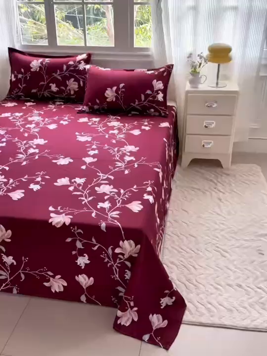 91家纺网 家纺一手货源 找家纺 梵巢家纺 2026新款加厚芦荟棉床单磨毛化纤床单 酒红玉枝